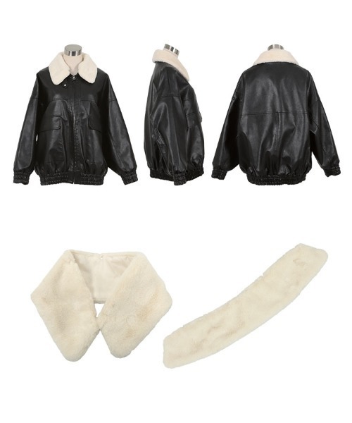 ファー襟付2Wayフェイクレザージップアップブルゾン（ブルゾン）｜KOBE
