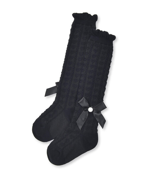 BeBe Petits Pois Vert（ベベプチポワヴェール）の「リボン付きハート柄ハイソックス(17~24cm)（ソックス/靴下・キッズ・ブラック/オフホワイト・M/L）」の3枚目の写真