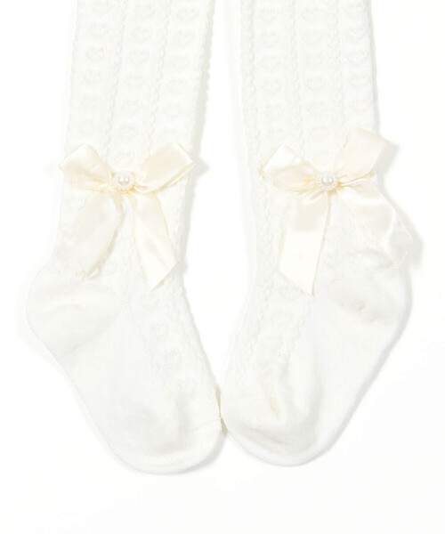 BeBe Petits Pois Vert（ベベプチポワヴェール）の「リボン付きハート柄ハイソックス(17~24cm)（ソックス/靴下・キッズ・ブラック/オフホワイト・M/L）」の10枚目の写真