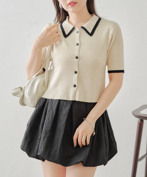Chico(チコ)の「5分袖配色ボタン襟リブニット(ニット/セーター・レディース・グレー/ブラック/アイボリー/レッド・FREE)」の9枚目の写真
