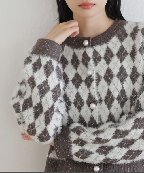 セール】ミニアーガイル柄ビックパールボタンカーディガン