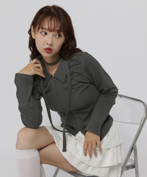 3.3 Field Trip （3.3フィールドトリップ）の「3.3 Field Trip／2WAYマフラーZIPロングスリーブ（Tシャツ/カットソー・レディース・ブラック/カーキ/チャコール・FREE）」の2枚目の写真