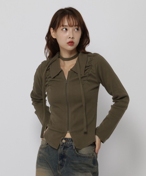 3.3 Field Trip （3.3フィールドトリップ）の「3.3 Field Trip／2WAYマフラーZIPロングスリーブ（Tシャツ/カットソー・レディース・ブラック/カーキ/チャコール・FREE）」の7枚目の写真