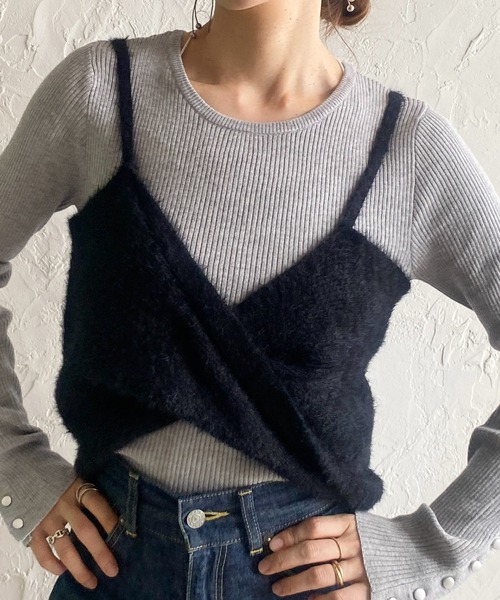 セール】ショート丈ツイストリボンシャギーニットビスチェキャミソール