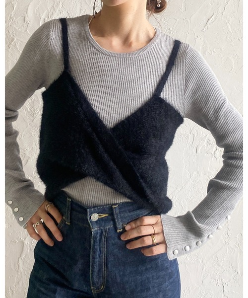 セール】ショート丈ツイストリボンシャギーニットビスチェキャミソール