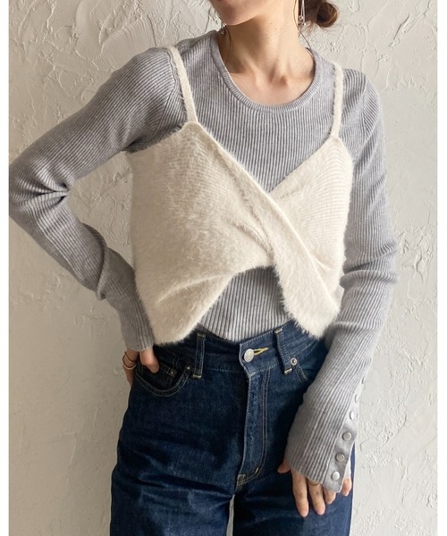 セール】ショート丈ツイストリボンシャギーニットビスチェキャミソール セール】ショート丈ツイストリボンシャギーニットビスチェキャミソール