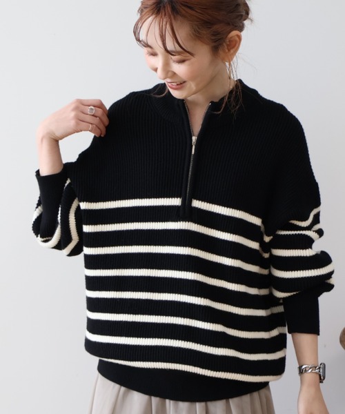 AMERICAN HOLIC（アメリカンホリック）の「バイパチ片畦ハーフZIPニットプルオーバー（ニット/セーター・レディース・ブラック系その他4/ホワイト系その他4・M/L）」の2枚目の写真