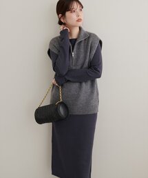 ハーフZIPベスト+クルーネックニットワンピースSET
