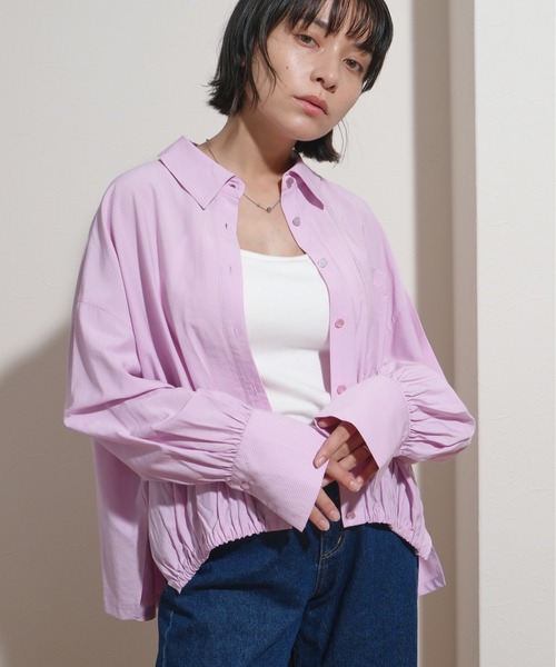 マルチサイズ ブラウス シャツ ギャザーデザインストライプショートシャツ レディース FREAK'S STORE ブラウス シャツ マルチストライプ ショート