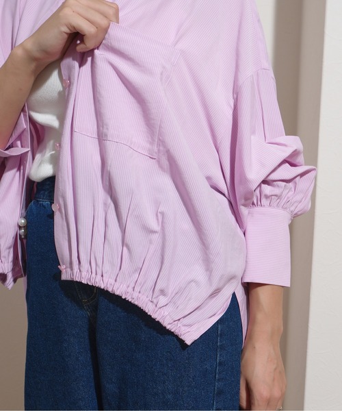 KAREN MILLEN 日本未入荷 ジッパー 襟 ストライプ シャツ ミディ COFREX】 スキッパー 長袖 レディースデザインシャツ(S ネイビー