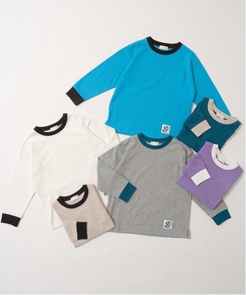 b・ROOM（ビールーム）の「【カイテキ天竺】バイカラーポケットTシャツ（Tシャツ/カットソー・キッズ・トップグレー/ライトベージュ/ダークグリーン/オフホワイト/パープル/ターコイズブルー・150cm/140cm/130cm/120cm/100cm/110cm）」の7枚目の写真