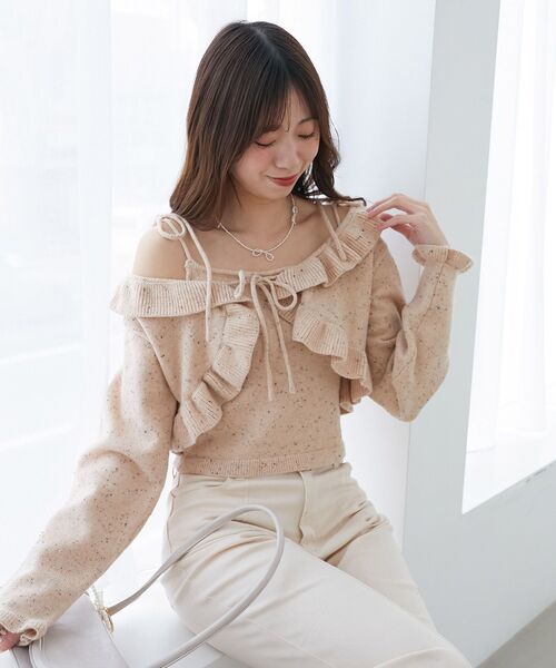 MAJESTIC LEGON（マジェスティックレゴン）の「ネップキャミセットフリルカーディガン（カーディガン/ボレロ・レディース・グレー/ピンクベージュ/アイボリー・MEDIUM）」の3枚目の写真