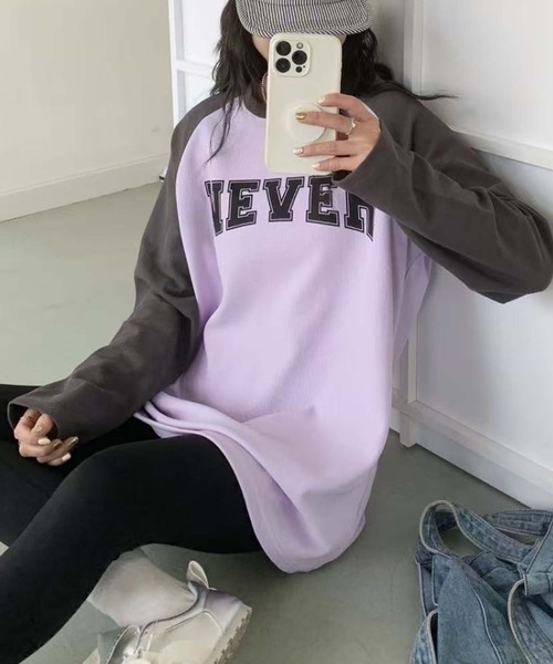 aimoha(アイモハ)の「ロゴプリントラグランスリーブ長袖Tシャツ(Tシャツ/カットソー・レディース・ベージュ/ピンク/ホワイト/パープル・FREE)」の6枚目の写真