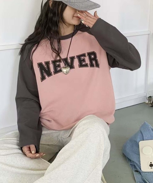 aimoha(アイモハ)の「ロゴプリントラグランスリーブ長袖Tシャツ(Tシャツ/カットソー・レディース・ベージュ/ピンク/ホワイト/パープル・FREE)」の11枚目の写真
