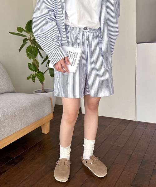 【新品未使用】LMND ストライプ ショートパンツ ベージュ ストライプ ACLENT パンツ ストライプボクサーショートパンツ レディース
