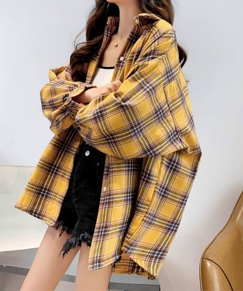 Miniministore(ミニミニストア)の「オーバーサイズ チェックシャツレディース(シャツ/ブラウス・レディース・ベージュ/レッド/グリーン/イエロー/ピンク・FREE)」の1枚目の写真