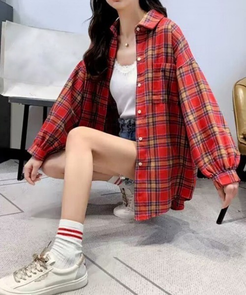Miniministore(ミニミニストア)の「オーバーサイズ チェックシャツレディース(シャツ/ブラウス・レディース・ベージュ/レッド/グリーン/イエロー/ピンク・FREE)」の8枚目の写真