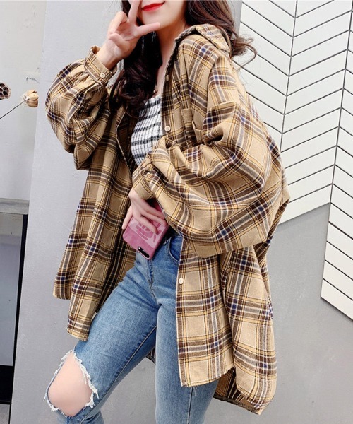 Miniministore(ミニミニストア)の「オーバーサイズ チェックシャツレディース(シャツ/ブラウス・レディース・ベージュ/レッド/グリーン/イエロー/ピンク・FREE)」の9枚目の写真
