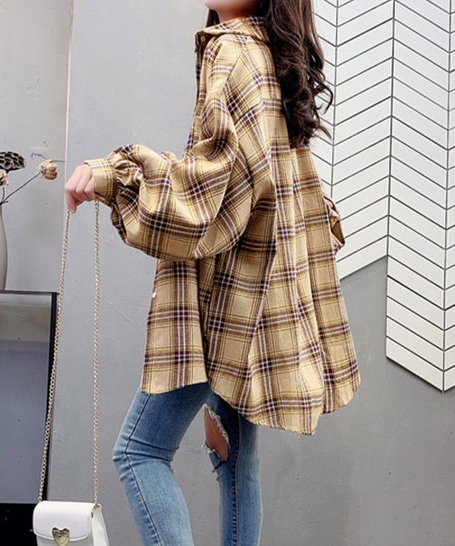 Miniministore(ミニミニストア)の「オーバーサイズ チェックシャツレディース(シャツ/ブラウス・レディース・ベージュ/レッド/グリーン/イエロー/ピンク・FREE)」の10枚目の写真