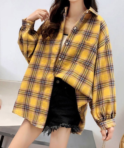 Miniministore(ミニミニストア)の「オーバーサイズ チェックシャツレディース(シャツ/ブラウス・レディース・ベージュ/レッド/グリーン/イエロー/ピンク・FREE)」の12枚目の写真