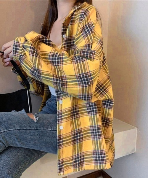 Miniministore(ミニミニストア)の「オーバーサイズ チェックシャツレディース(シャツ/ブラウス・レディース・ベージュ/レッド/グリーン/イエロー/ピンク・FREE)」の13枚目の写真