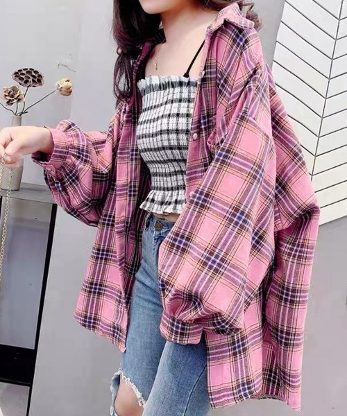 Miniministore(ミニミニストア)の「オーバーサイズ チェックシャツレディース(シャツ/ブラウス・レディース・ベージュ/レッド/グリーン/イエロー/ピンク・FREE)」の15枚目の写真