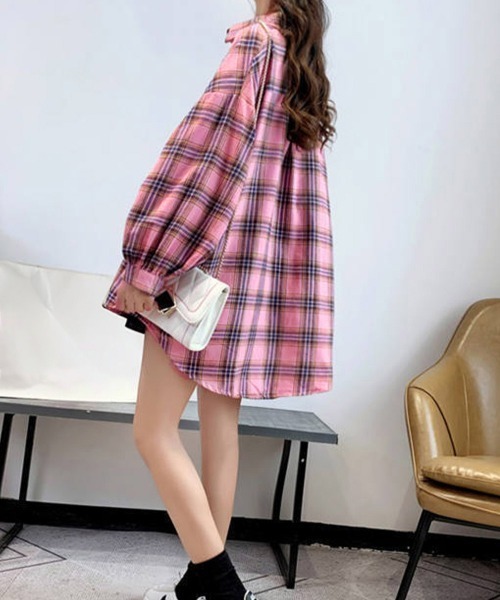Miniministore(ミニミニストア)の「オーバーサイズ チェックシャツレディース(シャツ/ブラウス・レディース・ベージュ/レッド/グリーン/イエロー/ピンク・FREE)」の16枚目の写真
