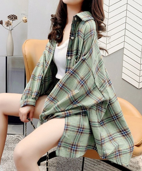 Miniministore(ミニミニストア)の「オーバーサイズ チェックシャツレディース(シャツ/ブラウス・レディース・ベージュ/レッド/グリーン/イエロー/ピンク・FREE)」の17枚目の写真