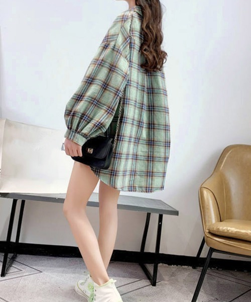 Miniministore(ミニミニストア)の「オーバーサイズ チェックシャツレディース(シャツ/ブラウス・レディース・ベージュ/レッド/グリーン/イエロー/ピンク・FREE)」の18枚目の写真