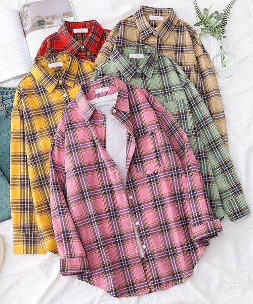 Miniministore(ミニミニストア)の「オーバーサイズ チェックシャツレディース(シャツ/ブラウス・レディース・ベージュ/レッド/グリーン/イエロー/ピンク・FREE)」の19枚目の写真