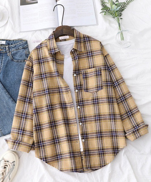 Miniministore(ミニミニストア)の「オーバーサイズ チェックシャツレディース(シャツ/ブラウス・レディース・ベージュ/レッド/グリーン/イエロー/ピンク・FREE)」の21枚目の写真