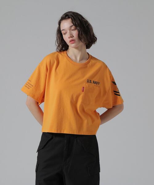 AVIREX(アヴィレックス)の「NAVAL POCKET SHORT T-SHIRT/ネイバルポケット ショートティーシャツ(Tシャツ/カットソー・レディース・ホワイト系2/オレンジ/ネイビー/ネイビー系1・F)」の4枚目の写真