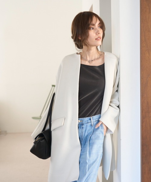 Mila Owen（ミラオーウェン）の「【セットアップ対応】フロッキーベロアボートネックトップス（Tシャツ/カットソー・レディース・チャコールグレー/ベージュ/ライム・0/1）」の6枚目の写真