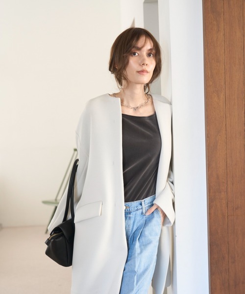 Mila Owen（ミラオーウェン）の「【セットアップ対応】フロッキーベロアボートネックトップス（Tシャツ/カットソー・レディース・チャコールグレー/ベージュ/ライム・0/1）」の7枚目の写真