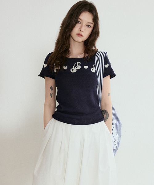 tシャツ バイカラー チェリー柄 半袖ニットトップス FX25S113「Fano Studios」「2025SS」 レディース メンズ バイカラー チェリー柄 半袖ニットトップス FX25S113【Fano
