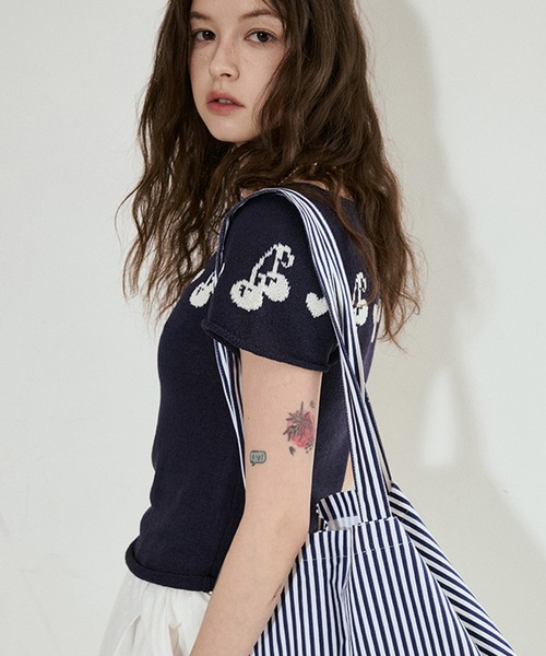 tシャツ バイカラー チェリー柄 半袖ニットトップス FX25S113「Fano Studios」「2025SS」 レディース メンズ バイカラー チェリー柄 半袖ニットトップス FX25S113【Fano