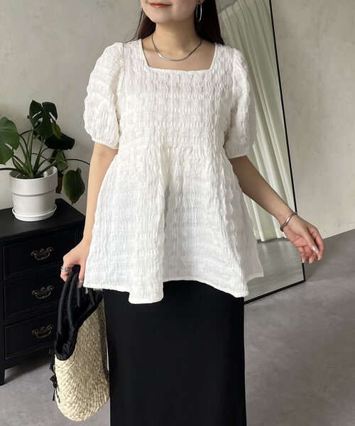 prose verse ポコポコギンガムスクエアネックペプラムブラウス セール】ポコポコギンガムスクエアネックペプラムブラウス（シャツ