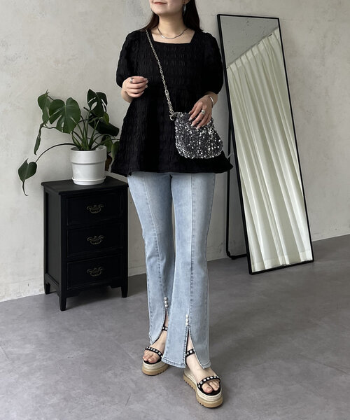 セール】ポコポコギンガムスクエアネックペプラムブラウス（シャツ