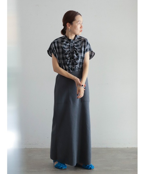 FIL DE FER（フィルデフェール）の「ライトダブルクロス　バイヤスフレアスカート（スカート・レディース・グレー/ダークブラウン・FREE）」の13枚目の写真