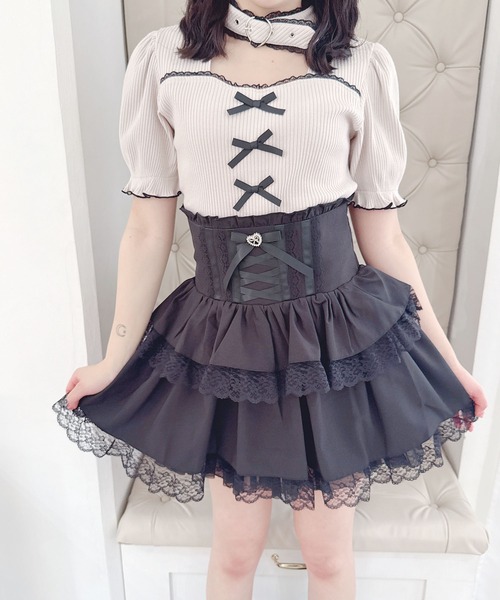 ハートベルト付きテレコトップス セール】ハートベルト付きテレコトップス（Tシャツ/カットソー