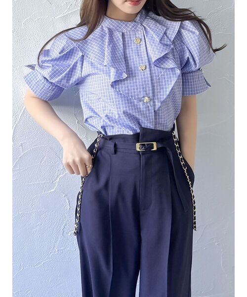 dazzlin アシメフリルボタンブラウス ブルー dazzlin（ダズリン）の「アシメフリルボタンブラウス（シャツ