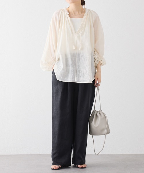 PUAL CE CIN（ピュアルセシン）の「【25th】シアーシルクコットンスキッパーブラウス（シャツ/ブラウス・レディース・アイボリー/ブラック・FREE）」の3枚目の写真