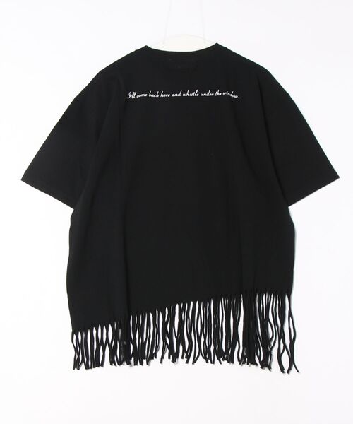 Boutique Ordinary(ブティークオーディナリー)の「フリンジヘムバックロゴ5分袖カットソー(Tシャツ/カットソー・レディース・ホワイト/ブラック・FREE)」の3枚目の写真
