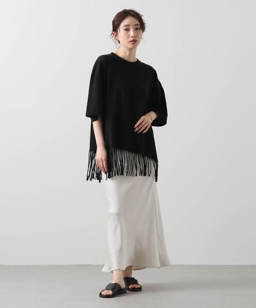 Boutique Ordinary(ブティークオーディナリー)の「フリンジヘムバックロゴ5分袖カットソー(Tシャツ/カットソー・レディース・ホワイト/ブラック・FREE)」の13枚目の写真