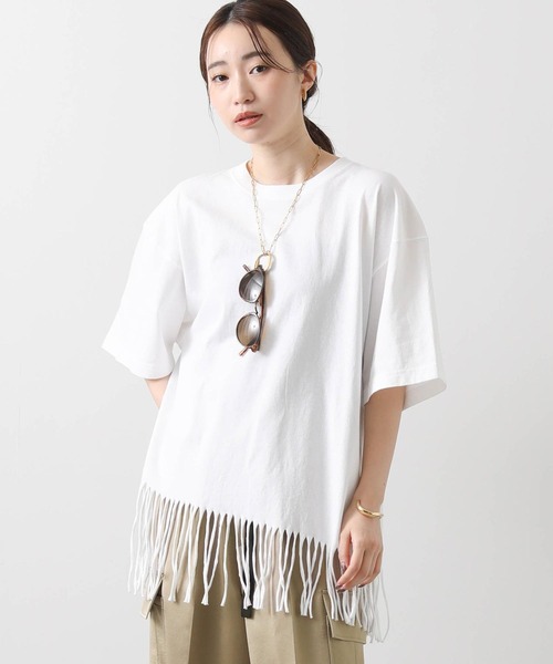 Boutique Ordinary(ブティークオーディナリー)の「フリンジヘムバックロゴ5分袖カットソー(Tシャツ/カットソー・レディース・ホワイト/ブラック・FREE)」の9枚目の写真
