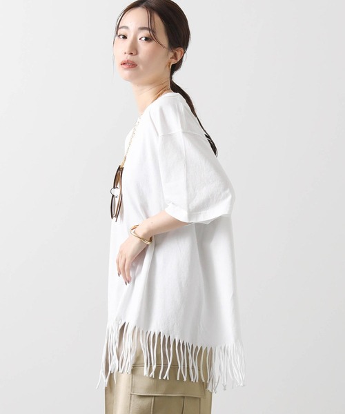 Boutique Ordinary(ブティークオーディナリー)の「フリンジヘムバックロゴ5分袖カットソー(Tシャツ/カットソー・レディース・ホワイト/ブラック・FREE)」の10枚目の写真
