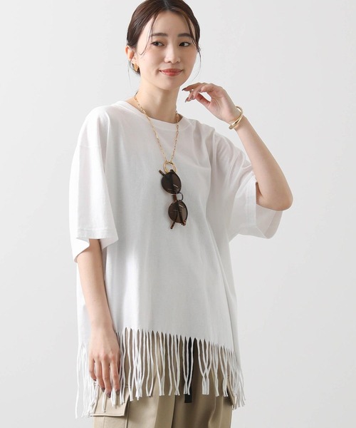 Boutique Ordinary(ブティークオーディナリー)の「フリンジヘムバックロゴ5分袖カットソー(Tシャツ/カットソー・レディース・ホワイト/ブラック・FREE)」の12枚目の写真