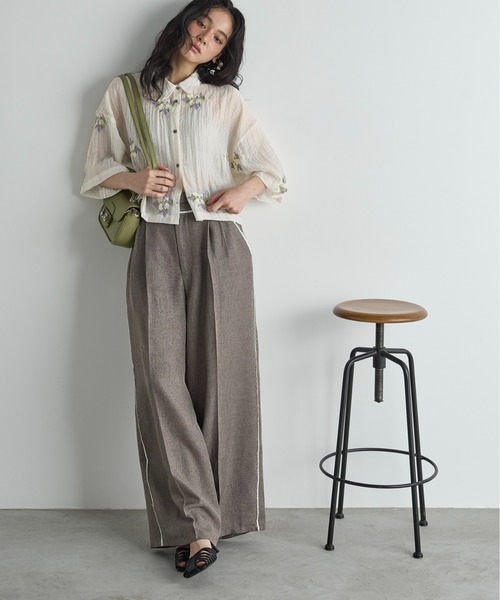 LOEFF フラワー エンブロイダリー ノーカラー シャツ LOEFF｜コットン フラワー 刺繍 ノーカラー シャツ 8811-299