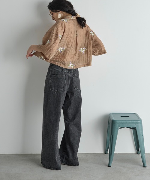 ブラウス シャツ フラワーエンブロイダリーシアークロップドシャツ レディース THE Yon ブラウス シャツ フラワーエンブロイダリーシアー
