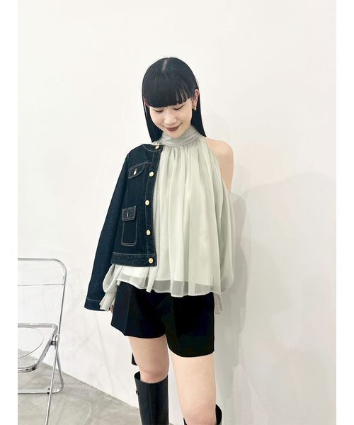 LILY BROWN（リリーブラウン）の「ノーカラークラシカルデニムジャケット（デニムジャケット・レディース・インディゴブルー/チェック/ブルー・F）」の2枚目の写真